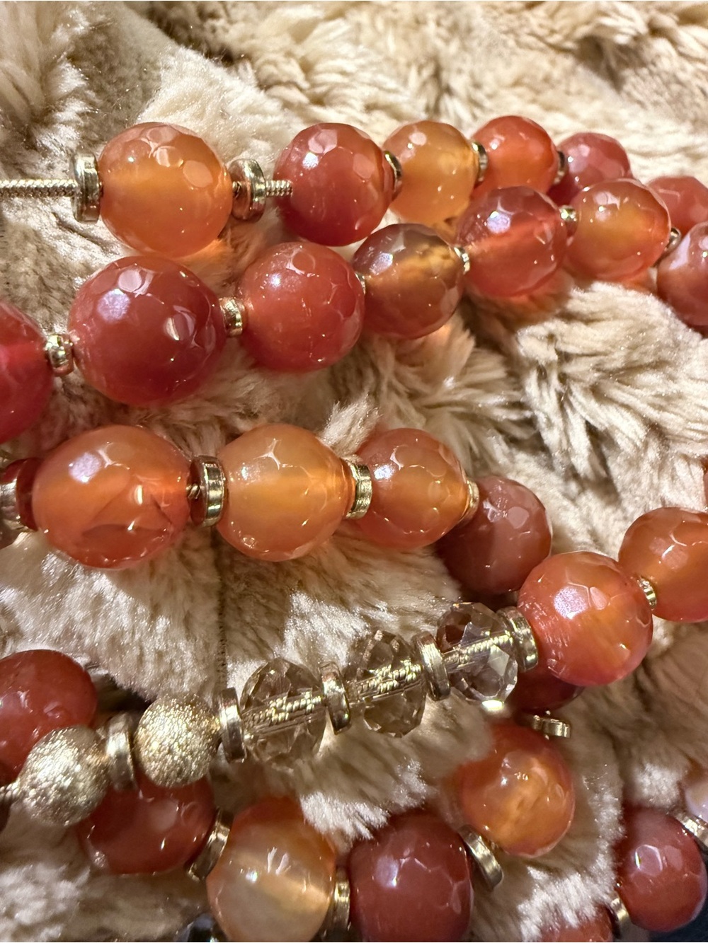 Faceted Orange Agate or Carnelian Beaded Three Strand Necklace with Gold Accent